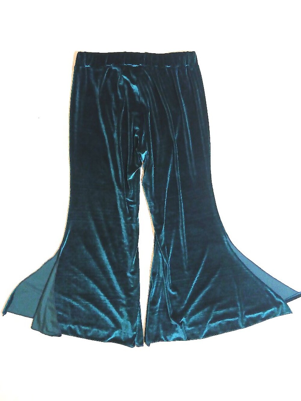 Teal Crushed Velvet Flare Pants Bell Bottoms Sheer Side Panels Stretch Waist